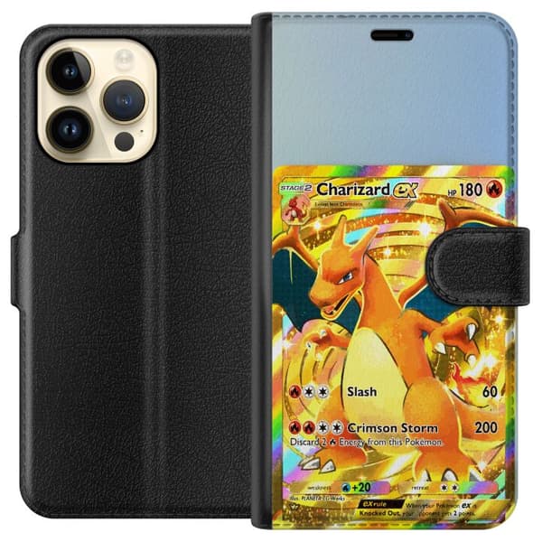 Kompatibel Tegnebogsetui til Apple iPhone 14 Pro Max Gylden Charizard EX samlerkort med regnbueeffekter guld