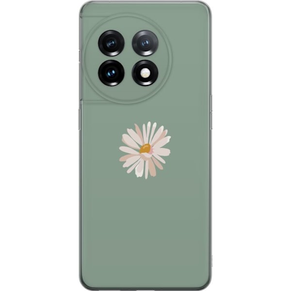 OnePlus 11 Genomskinligt Skal Grön Minimalblomma – stilren blomma på grön bakgrund