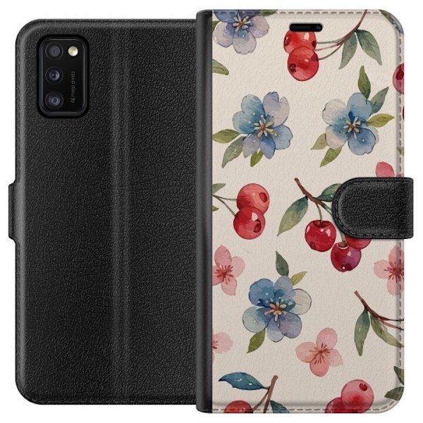 Samsung Galaxy A41 Tegnebogsetui Bær & Blomster - mønster med blå blomster og skovbær