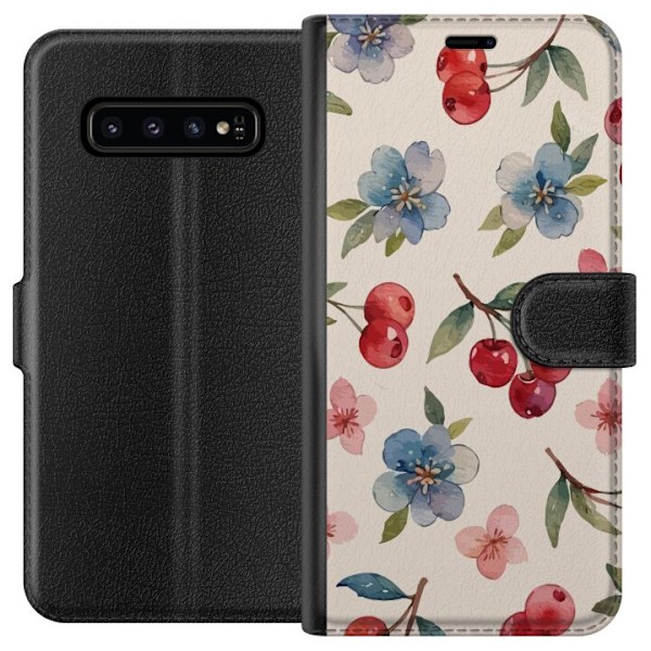 Samsung Galaxy S10 Plånboksfodral Bär & Blommor – mönster med blå blommor och skogsbär