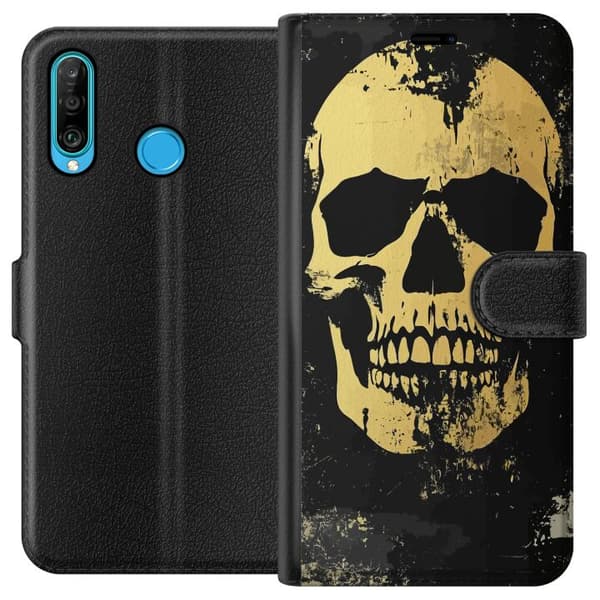 Kompatibel Tegnebogsetui til Huawei P30 lite Stor gul dødningehoved i slidt grungestil mod sort baggrund sort
