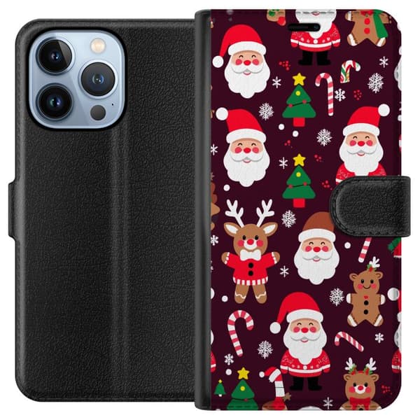 Kompatibelt Plånboksfodral till Apple iPhone 13 Pro Christmas Pattern julmönster med tomtar renar och pepparkakor i tecknad vinterstil