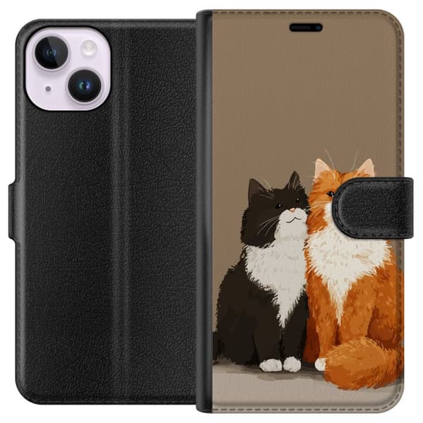 Kompatibel Tegnebogsetui til Apple iPhone 14 Illustrerede sort-hvide og orange-hvide katte sammen mod brun baggrund brun