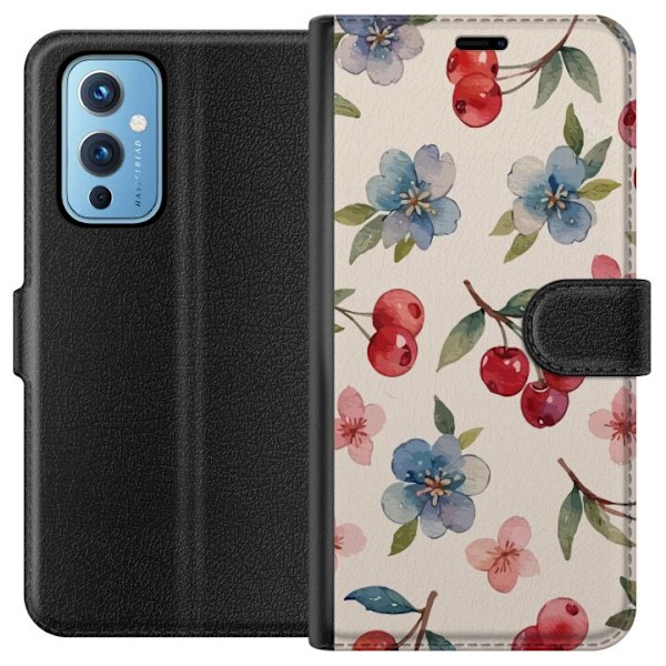 OnePlus 9 Tegnebogsetui Bær & Blomster - mønster med blå bl