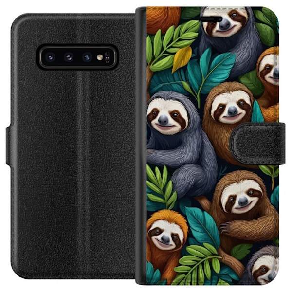 Samsung Galaxy S10 Tegnebogsetui Sengångarstil - afslappet motiv med sød dovendyr
