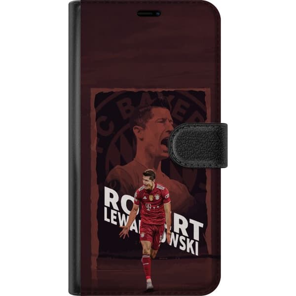 Kompatibel Tegnebogsetui til Apple iPhone 15 Plus Robert Lewandowski i mørkerød collage - fodboldmotiv i sort og mørkerød sort