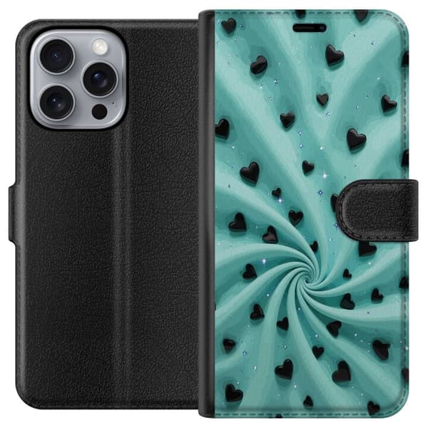 Kompatibel Tegnebogsetui til Apple iPhone 16 Pro Max Turkis hvirvelbaggrund med sorte hjerter og glitrende stjerner turkis