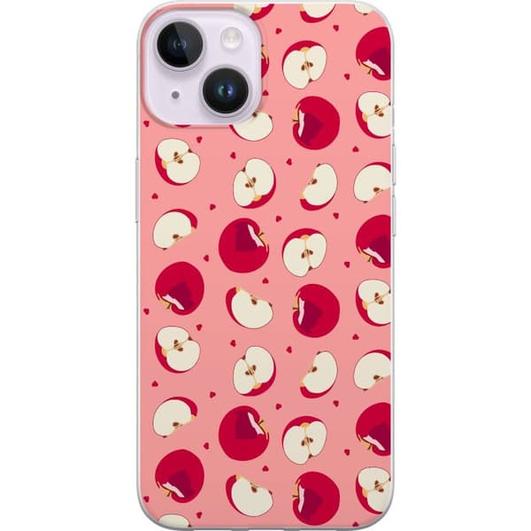 Kompatibelt Mobildeksel til Apple iPhone 15 Plus Røde epler, epleskiver og små hjerter på rosa bakgrunn, lekent fruktmønster rosa
