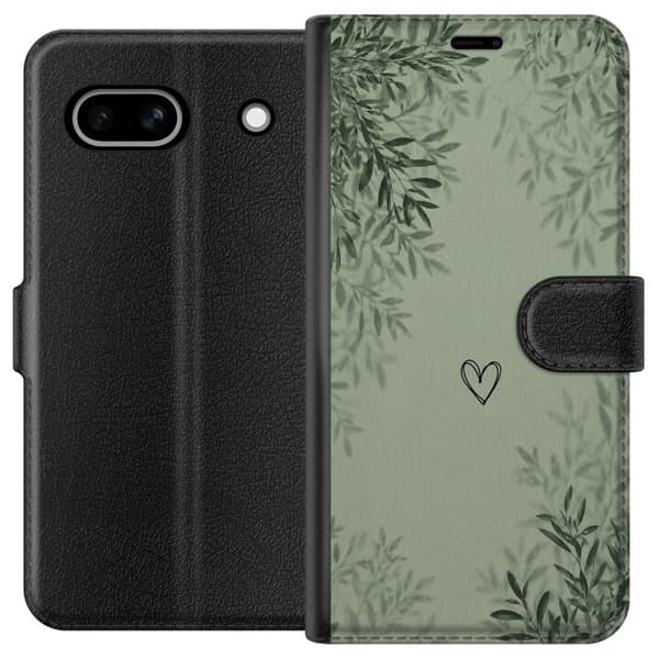 Kompatibel Tegnebogsetui til Google Pixel 7a Minimalistiskt grønt design med håndtegnet hjerte, bløde løvskygger og rolig botanisk baggrund grøn