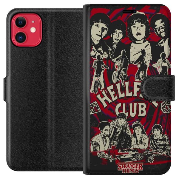 Kompatibel Tegnebogsetui til Apple iPhone 11 Hellfire Club-collage med Stranger Things-karakterer og cykler