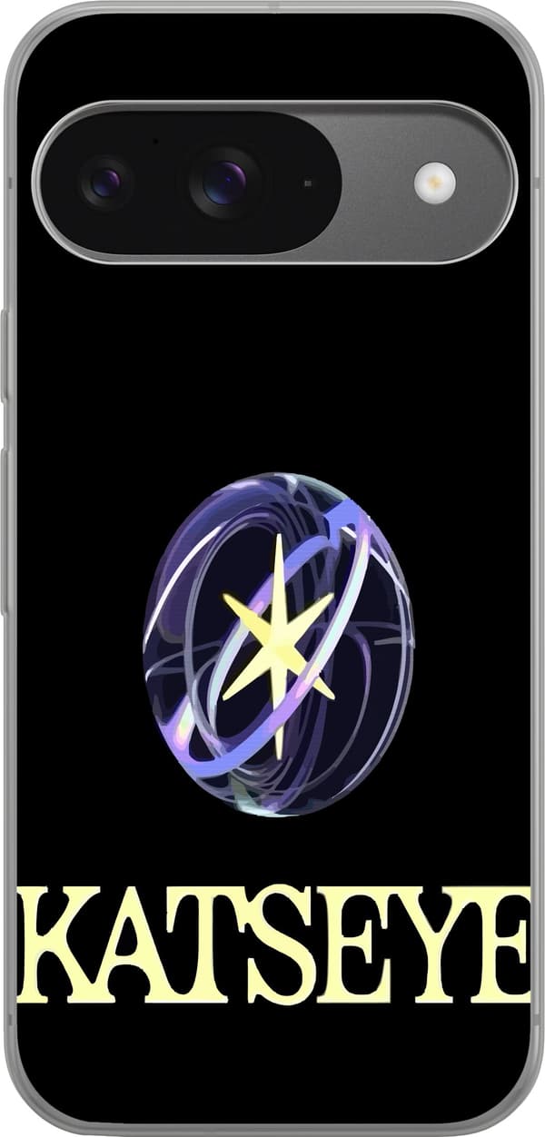 Kompatibel Mobilcover til Google Pixel 9 KATSEYE-logo med gul stjerne, lilla omløbsringe og lys typografi på sort baggrund sort
