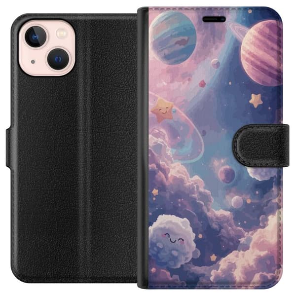 Kompatibel Tegnebogsetui til Apple iPhone 13 mini Drømmende stjernehimmel med planeter skyer og smilende stjerner