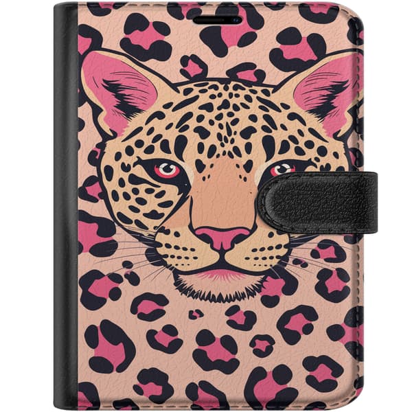Kompatibel Tegnebogsetui til Apple iPhone Duo Illustreret leopardhoved og sorte leopardpletter på lyserød baggrund pink