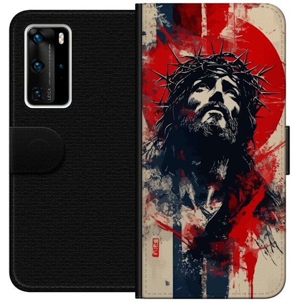 Huawei P40 Pro Lompakkokotelo Jeesus ristillä - kristillinen aihe vahvalla symboliikalla uskosta ja toivosta