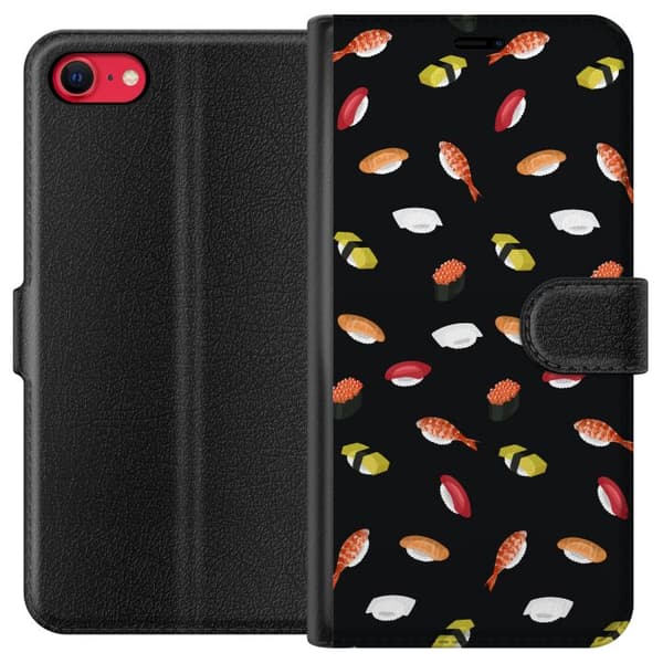 Kompatibel Tegnebogsetui til Apple iPhone 8 Mønster med sushi, nigiri, rejer og rogn mod sort baggrund sort