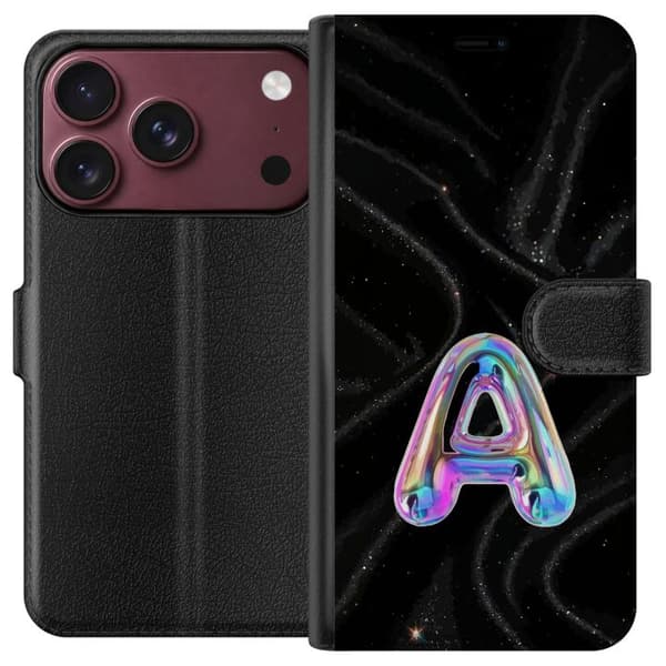 Kompatibel Tegnebogsetui til Apple iPhone 18 Pro Max Sort glitrende baggrund med stort holografisk bogstav A i skinnende regnbuefarver sort