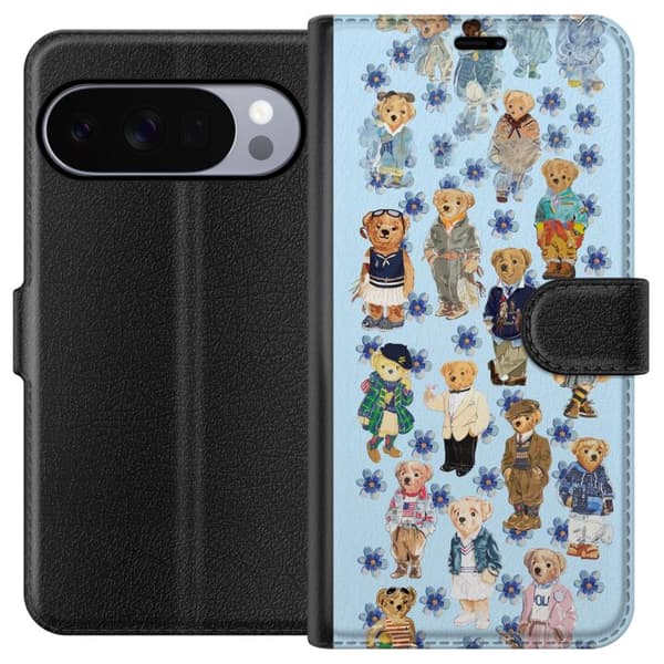 Kompatibel Tegnebogsetui til Google Pixel 10 Pro Søde bamser i trendy tøj med blå blomster blå