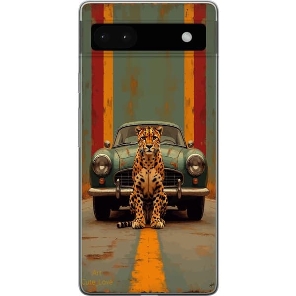 Kompatibelt Mobildeksel til Google Pixel 6a Retroinspirert design med leopard og klassisk bil i varme vintagefarger brun