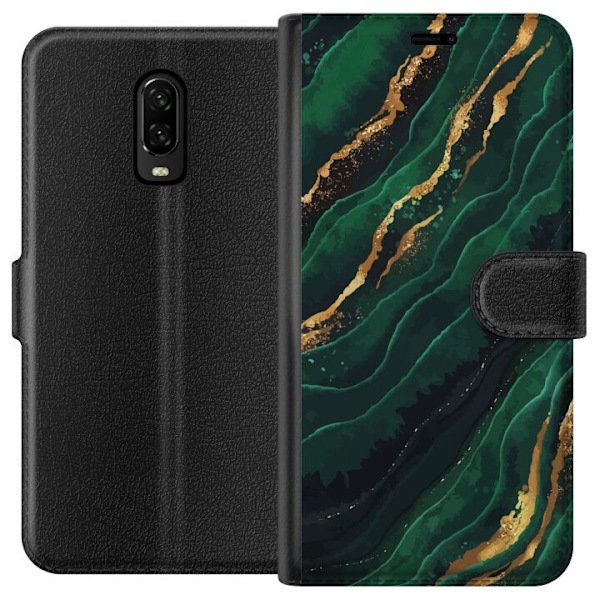 OnePlus 6T Tegnebogsetui Marmor Guld Grøn