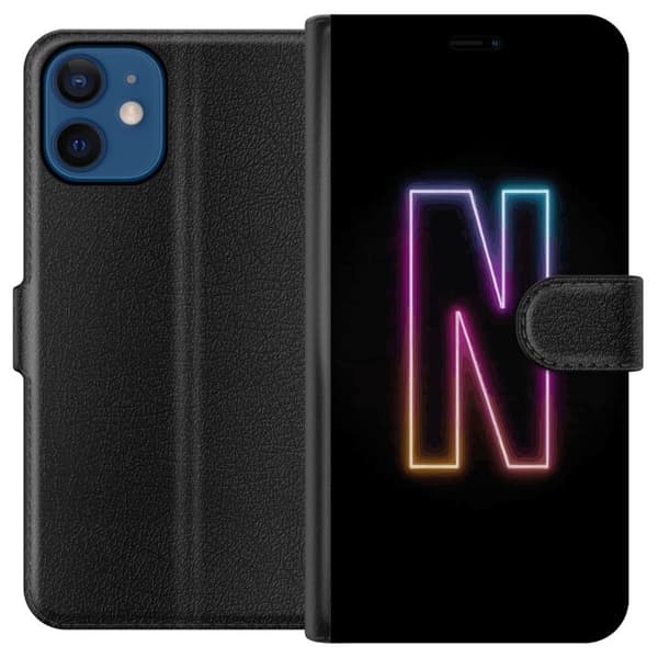 Kompatibel Tegnebogsetui til Apple iPhone 12 Minimalistisk neonbogstav N i farveskiftende lys mod sort baggrund