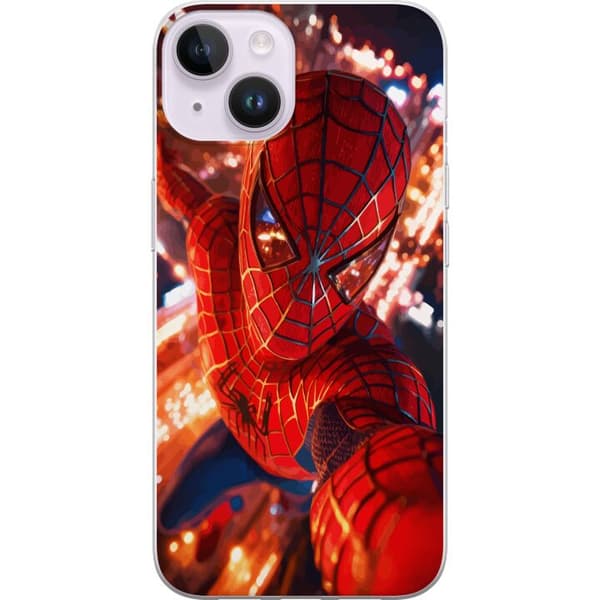 Kompatibelt Mobildeksel til Apple iPhone 14 Spider-Man i intens action med glitrende lys og dynamisk perspektiv i filmatisk superheltstil