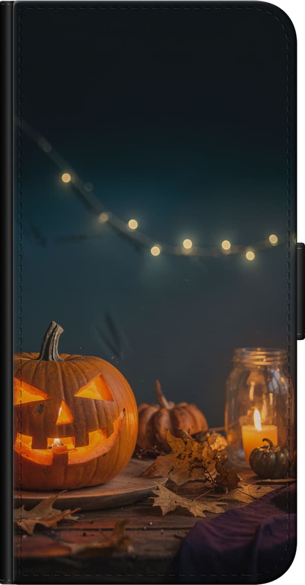 Kompatibel Tegnebogsetui til OnePlus 9 Pro Lysende halloween-græskar omgivet af levende lys og efterårsblade orange