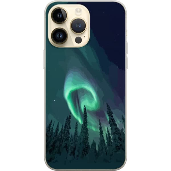 Kompatibelt Mobildeksel til Apple iPhone 15 Pro Max Grønt nordlys over mørk barskog under stjerneklar nattehimmel grønn