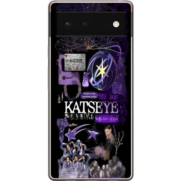Kompatibelt Mobildeksel til Google Pixel 6 KATSEYE i lilla collage med gruppebilder, stjerner, logo og glitrende nostalgiske detaljer lila