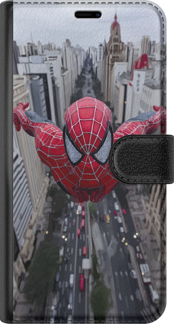 Kompatibelt Plånboksfodral till Apple iPhone 11 Spiderman flyger över stad Marvel superhero action scen city skyline dynamic pose comic hero red suit