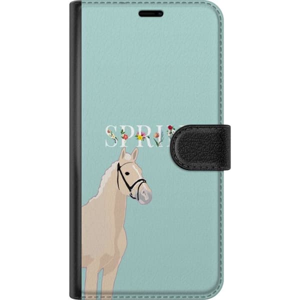 Kompatibel Tegnebogsetui til Apple iPhone 15 Lys hest med blomster og teksten "Spring" på mintgrøn baggrund grøn