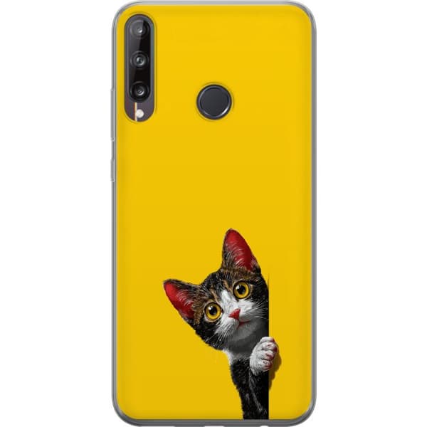 Kompatibel Mobilcover til Huawei P40 lite E Sød kat, der kigger ud mod gul minimalistisk baggrund gul