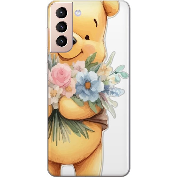 Samsung Galaxy S21 Genomskinligt Skal Nalle Puh med blommor – klassisk barnfavorit i blommande vårmiljö