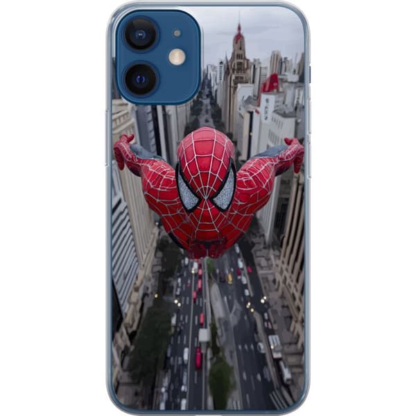 Kompatibelt Mobilskal till Apple iPhone 12 mini Spiderman flyger över stad Marvel superhero action scen city skyline dynamic pose comic hero red suit