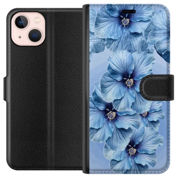 Kompatibel Tegnebogsetui til Apple iPhone 13 mini Store lyseblå blomster med mørkeblå centre mod blå baggrund blå