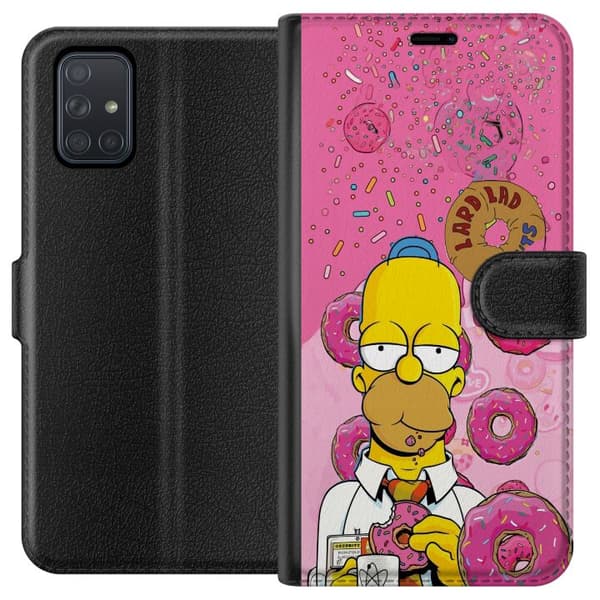 Kompatibel Tegnebogsetui til Samsung Galaxy A71 Homer Simpson spiser lyserøde donuts mod en farverig baggrund pink