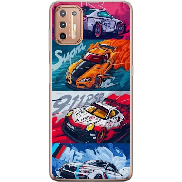 Motorola Moto G9 Plus Läpinäkyvä kuori Nopeat Autot - Piirretty Kuvio Toiminnalla
