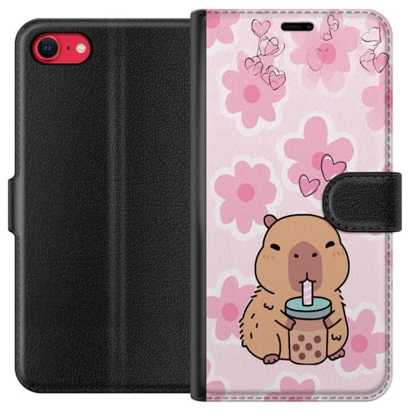 Kompatibel Tegnebogsetui til Apple iPhone 8 Sød tegnet kapybara med bubble tea, lyserøde hjerter og store blomster på en legesyg lyserød baggrund pink