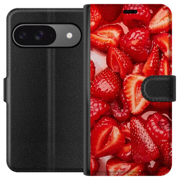 Google Pixel 9 Lompakkokotelo Mansikkakuviointi - makea motiivi kesäfiiliksellä