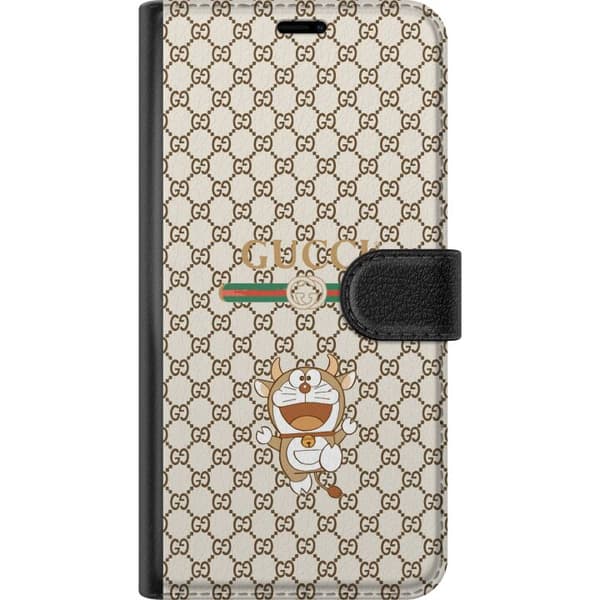 Kompatibel Tegnebogsetui til Apple iPhone 12 Pro Glad tegnet figur med horn mod beige baggrund med brunt geometrisk monogrammønster og dekorative str beige