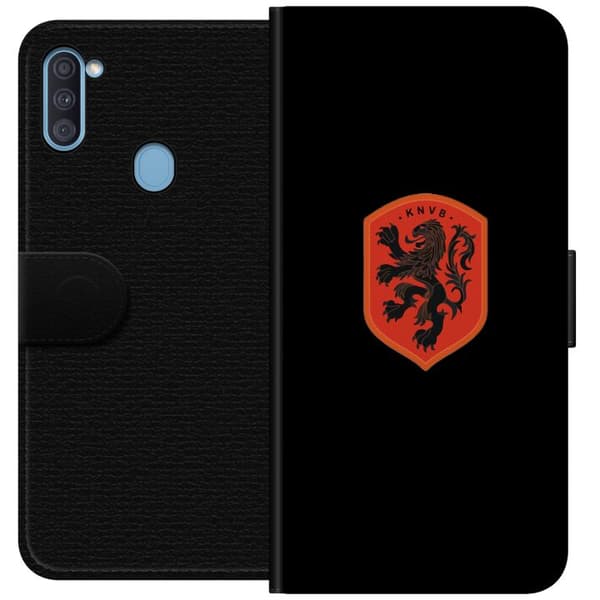 Kompatibel Tegnebogsetui til Samsung Galaxy A11 Orange skjold med sort heraldisk løve mod sort baggrund sort
