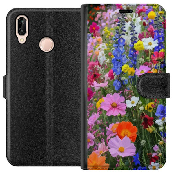 Huawei P20 lite Lompakkokotelo Kukkakuvioinen mobiilikuori kesäisellä niityllä ja luontomaisemalla
