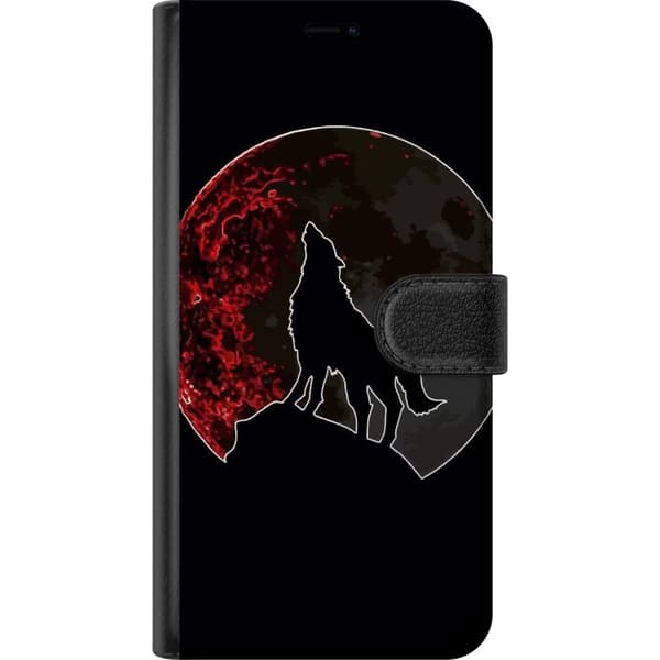 Kompatibel Tegnebogsetui til Apple iPhone 13 Sort silhuet af en hylende ulv foran en dramatisk rød måne mod sort baggrund sort