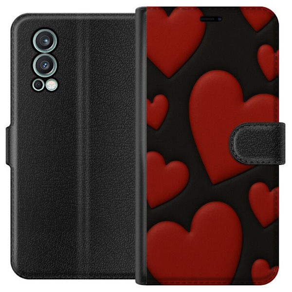 OnePlus Nord 2 5G Tegnebogsetui Rød Fløjlshjerter