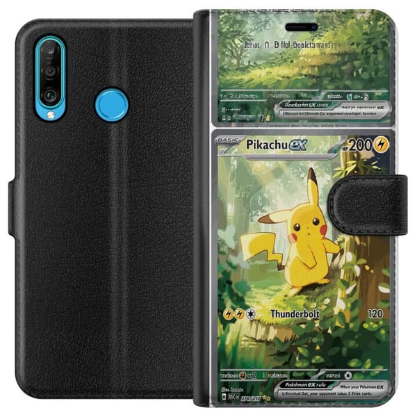 Kompatibel Tegnebogsetui til Huawei P30 lite Pikachu grøn