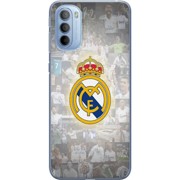 Motorola Moto G31 Läpinäkyvä kuori Real Madrid -emblem Jalkapallokerho Tunnuksella Valkoinen Kulta Design Mestarien Liiga Mestari La Liga Fanit Iko