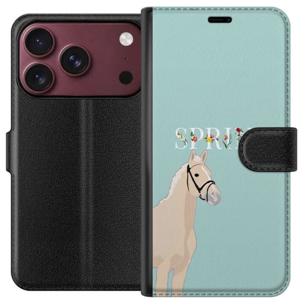 Kompatibel Tegnebogsetui til Apple iPhone 18 Pro Lys hest med blomster og teksten "Spring" på mintgrøn baggrund grøn