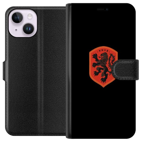 Kompatibel Tegnebogsetui til Apple iPhone 15 Orange skjold med sort heraldisk løve mod sort baggrund sort