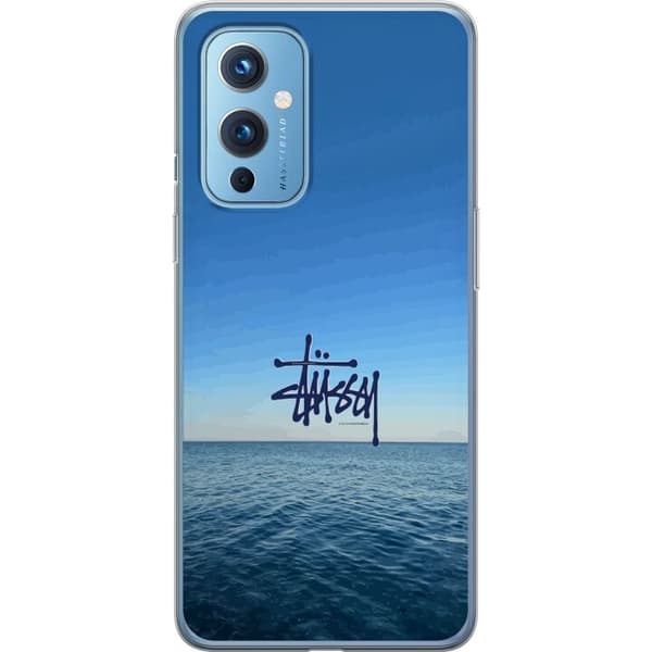 Kompatibelt Mobildeksel til OnePlus 9 Havspanorama med blå himmel og stilig surf-inspirert logo blå