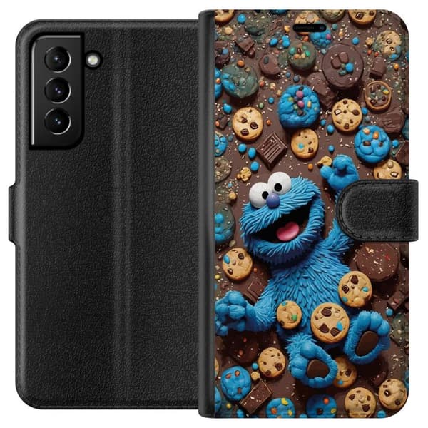Kompatibelt Plånboksfodral till Samsung Galaxy S21+ 5G Lekfull blå tecknad figur omgiven av kakor blå