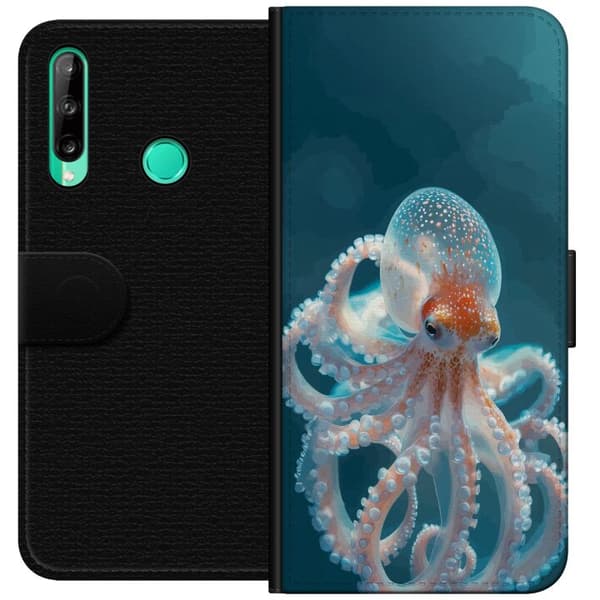 Kompatibelt Plånboksfodral till Huawei P40 lite E Detaljerad ljus bläckfisk i havsmiljö vit